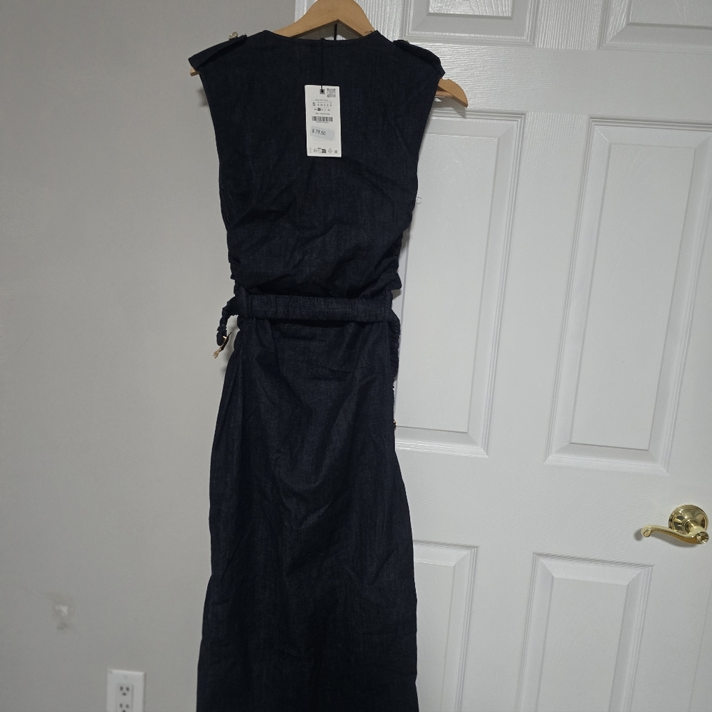Zara Dark Blue Denim Midi Dress with Gold Accents - Picture 15 of 16